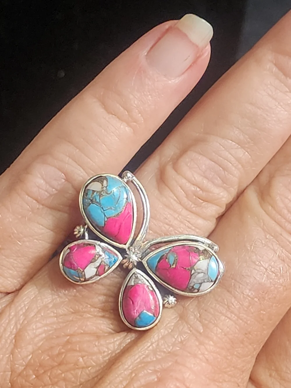 Vintage Southwestern Sterling Silver Cotton Candy Turquoise Butterfly Ring Sz 10